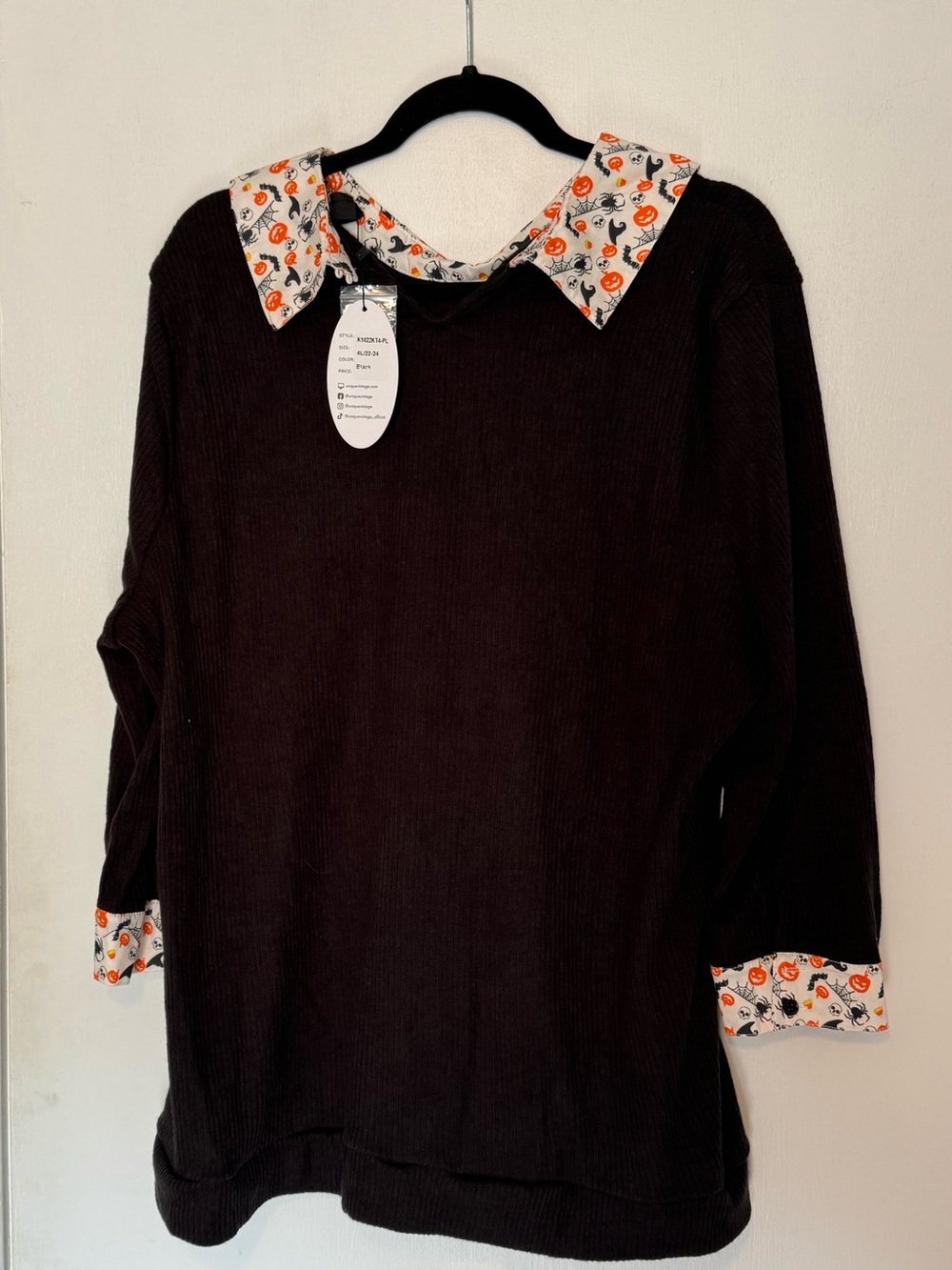 Unique Vintage Black Top with Halloween Print Trim - Picture 3 of 4